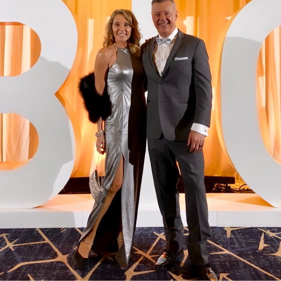 Halston Silver Faux Suede Metallic High Slit Formal - Picture 2 of 6